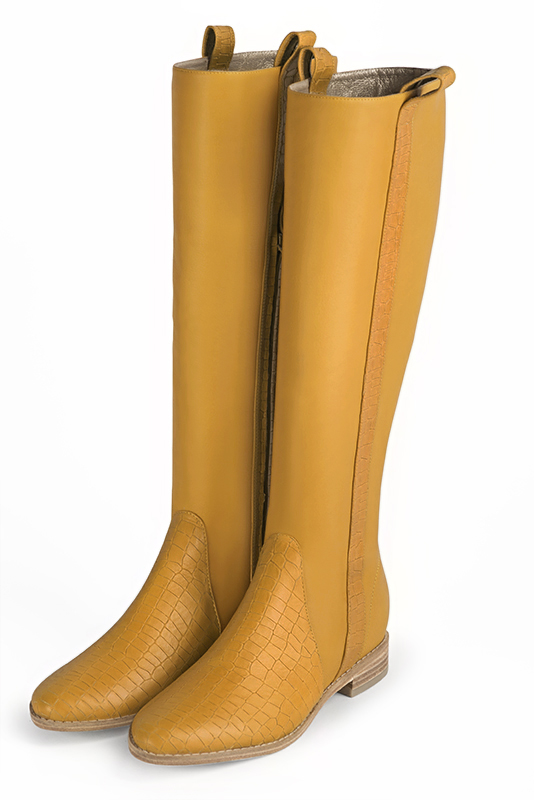 Mustard yellow women's riding knee-high boots. Round toe. Flat leather soles. Made to measure. Front view - Florence KOOIJMAN